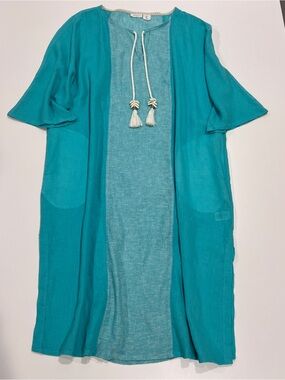 SIGRID OLSEN Teal KAFTAN Beach Pool COVER-UP Loungewear LARGE Boho Linen Breezy